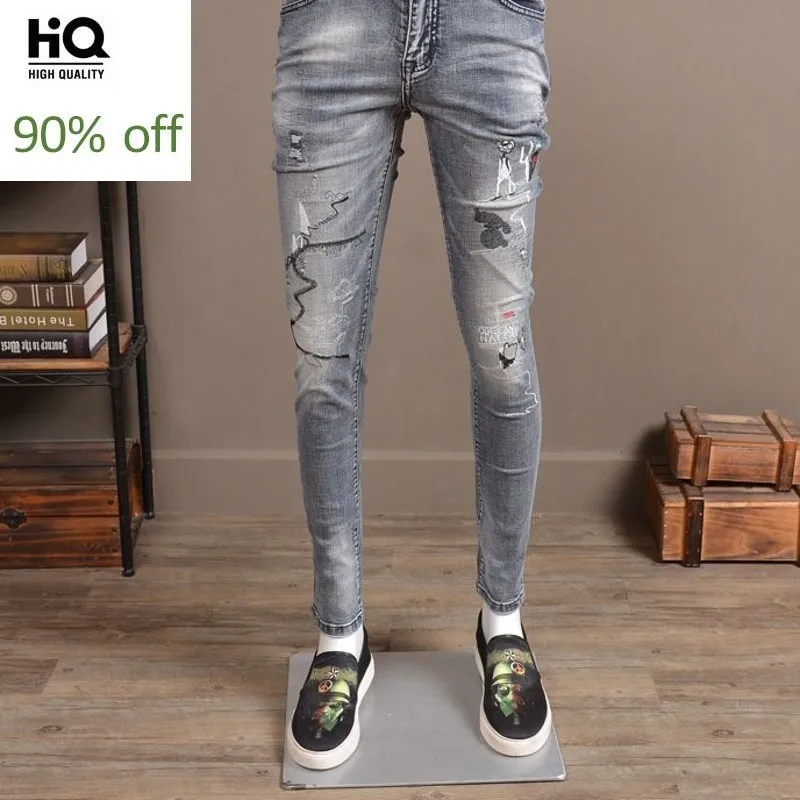 

2020 New Hot Sale Mens Full Length Pants Fashion Washed Embroidery Printing Jeans Trousers Male Casual Elastic Pencil Pants