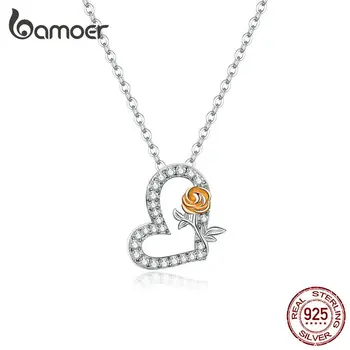 

bamoer 925 Sterling Silver Short Necklace Heart and Rose Pendant Chain Necklace Wedding Casual Fine Jewelry Accessories GAN132
