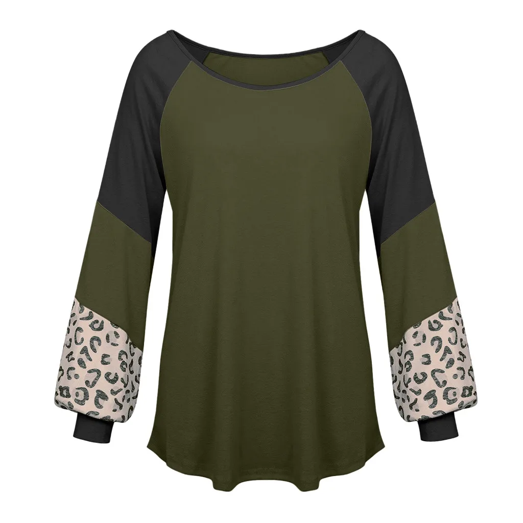 2019 ladies leopard solid color stitching long-sleeved shirt sweater 
