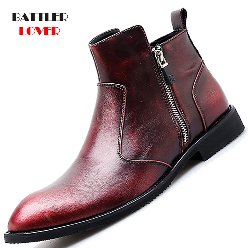 2019 Winter Fleece Chelsea Boots Men Genuine Leather Shoes Men Ankle Punk Boots Men