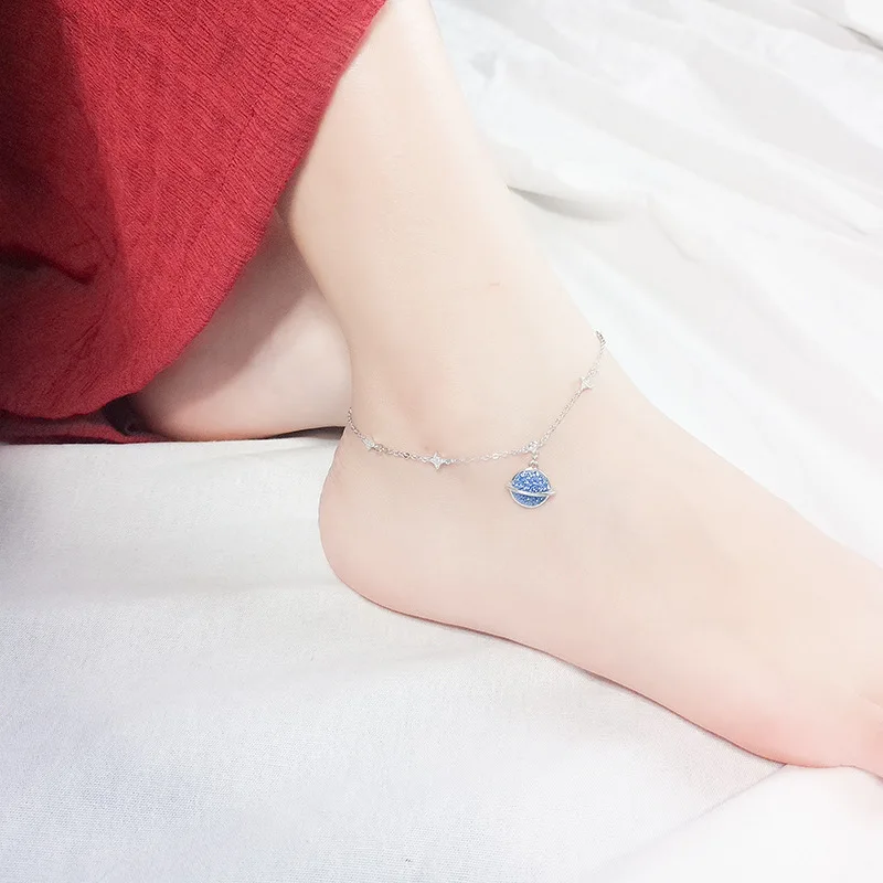 

S925 Fine Silver Planet Anklet Women's Inlaid Full of Crystals Star Universe Sweet Fashion Summer Foot Ornaments Decoration