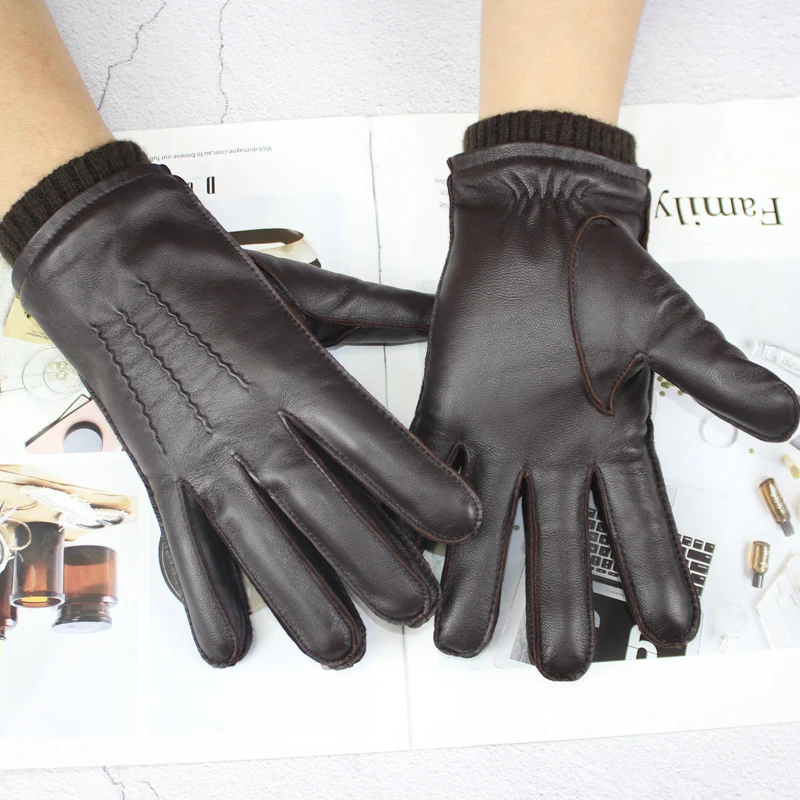 High-quality sheepskin touch screen gloves men's new corrugated wool knitted warm velvet motorcycle driving leather gloves
