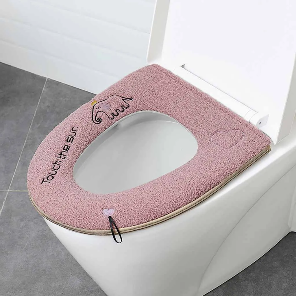 Home Bathroom Winter Plush Soft Toilet Seat Pad Cover Cute Elephant Pattern Printing Warm Toilet Seat Zipper With Handle