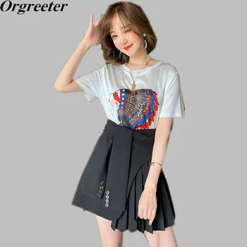 

New Vintage Enthic Pattern Printed White Tshirt + Chic Design One-sided Pleated Cross strap Mini Skirt Two piece set Women