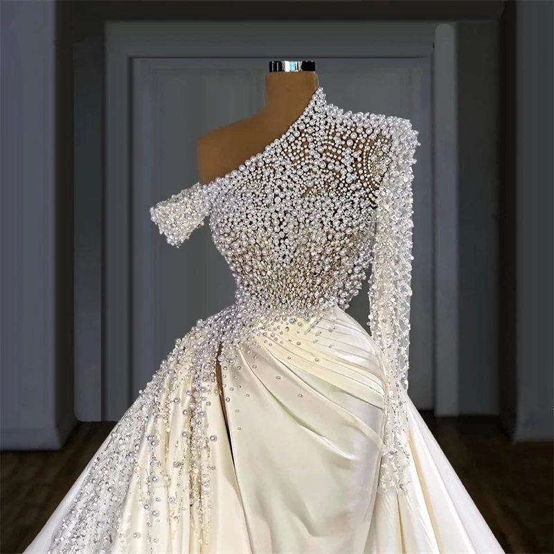 More Pearls Mermaid Wedding Dress One Shoulder With Detachable Train Bridal Gown Made Sweep Train Robes De Mari&eacute;e
