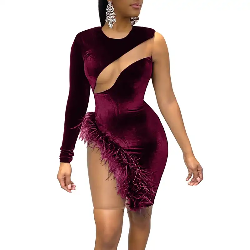Velvet Christmas Dress Women Sexy Club Dresses Long Sleeve One Shoulder  Mesh Patchwork Feather Short Red Bodycon Party Dress|Dresses| - AliExpress