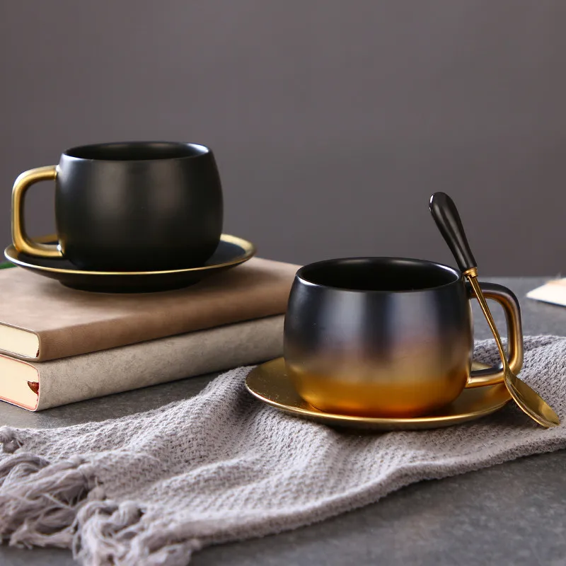 

Light Luxury Simple Matte Black Gold Champagne Coffee Cup Saucer Set Table Decoration Unique Travel Couple Tea Cups Drinkware