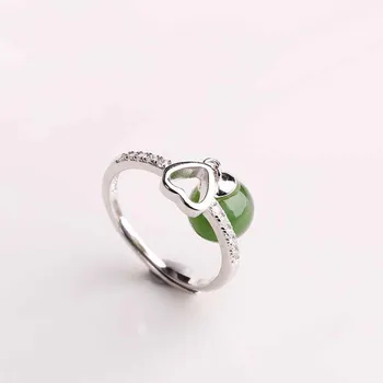 

Natural jade and Tianyu women 925 silver-encrusted jade jade heart-shaped transfer bead gift live opening jade ring