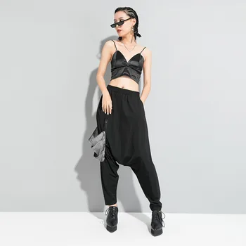 

2020 Women Spring Autumn New Style Black High Elastic Waist Patchwork Harem Pants Casual Loose Long Pants Big Size Fashion Tide