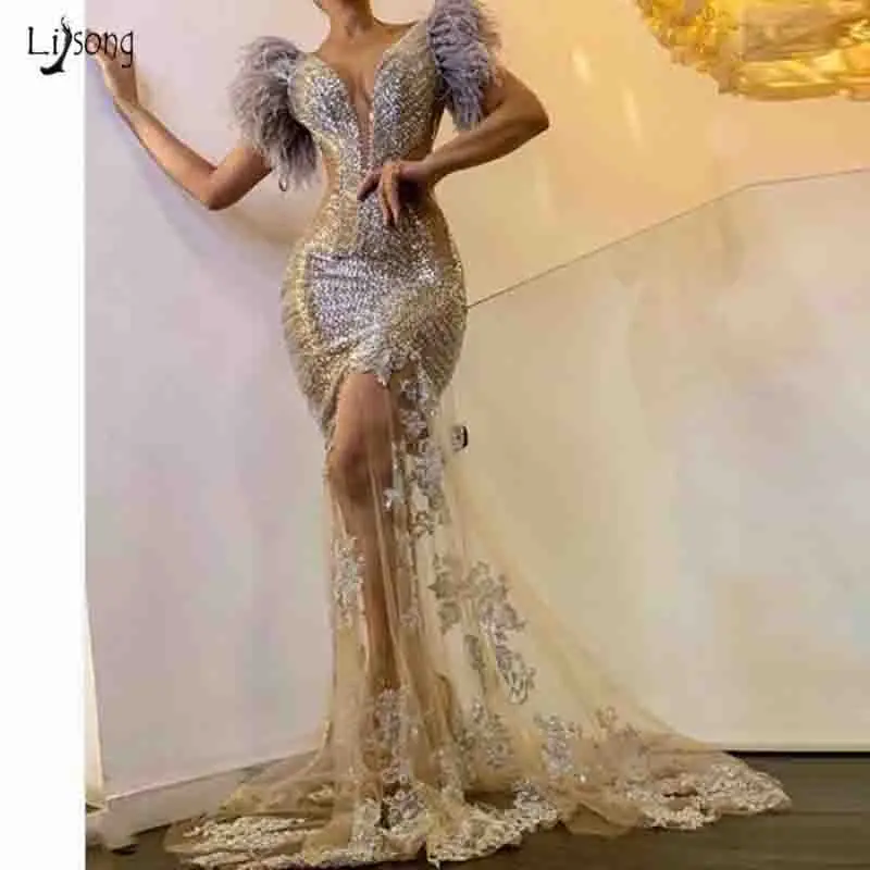 

New Arrival Mermaid Long Evening Formal Dresses Sparkly Sequin Feather Evening Gowns Elegant Applique Prom Gown Robe De Soiree