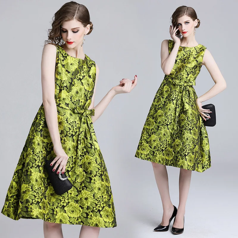 

2018 New Style WOMEN'S Dress Autumn And Winter Elegant Slim Fit Waist Hugging Floral Sleeveless Vest Jacquard Dress Women's