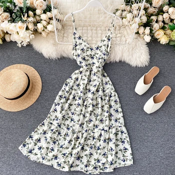 

YuooMuoo Hot Summer Women Sexy V Neck Spaghetti Strap Dress 2020 Ins Fashion Floral Print Chiffon Dress Holiday Midi Beach Dress