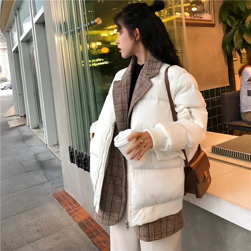 

Mid-length Joint Woolen Plaid Cotton Overcoat Female Winter New Style Korean-style Loose Thick over-the-Knee down Coat Fashion