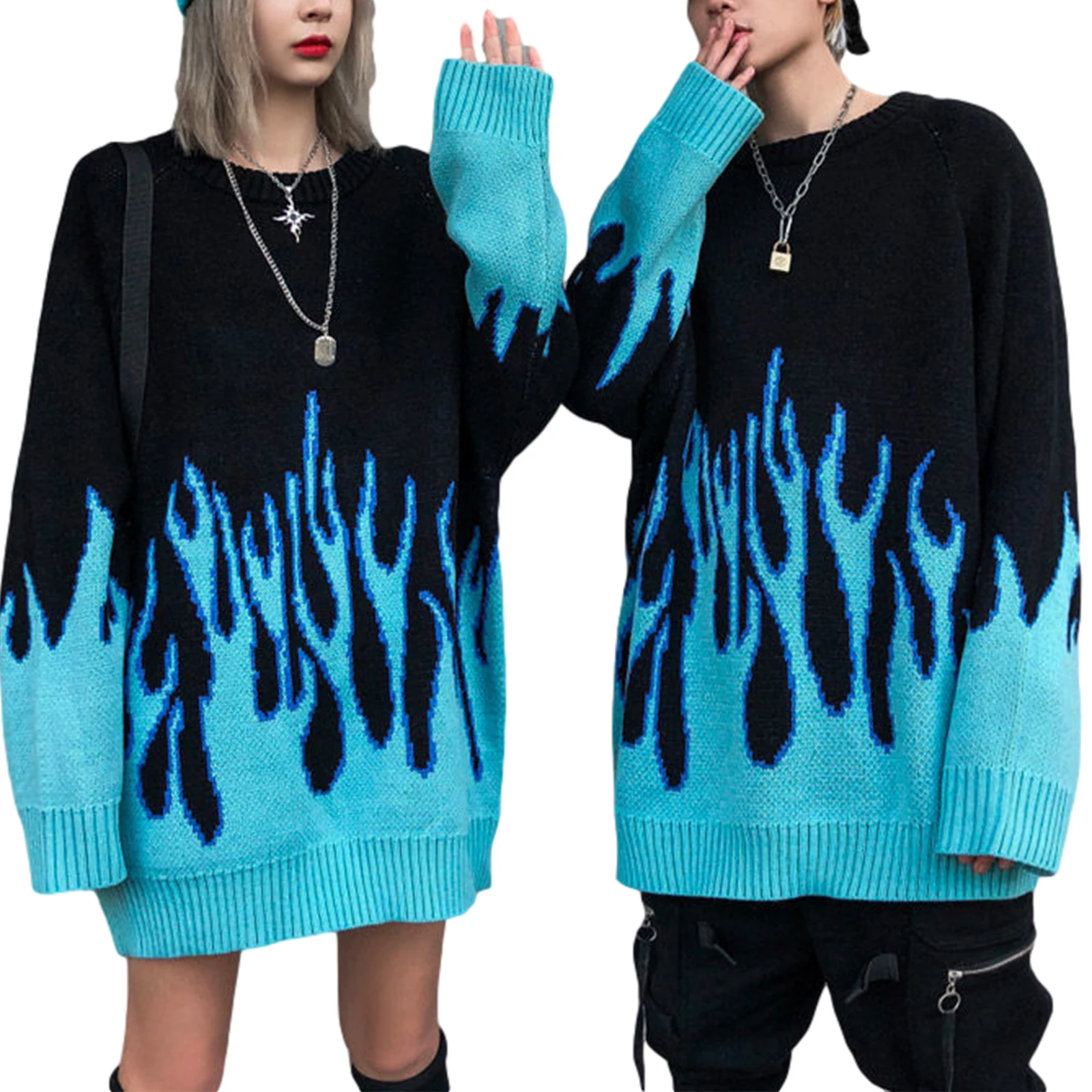 

2020 Winter Autumn New Loose Long Blue Flame Sweater Women O-Neck Plus Size Blue Female Pullover Couple Sweater Men & Women