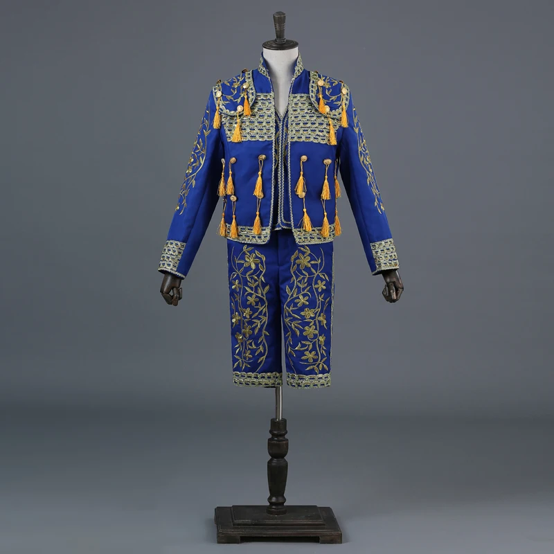 Fashion men's court suit Spanish bullfighting suit high collar Chinese style 3 piece stage singer costume(suit coat+Pants+Vest