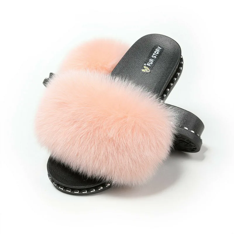 Fur Story Women's Fox Fur Slides Furry Slide Sandals Summer Fur