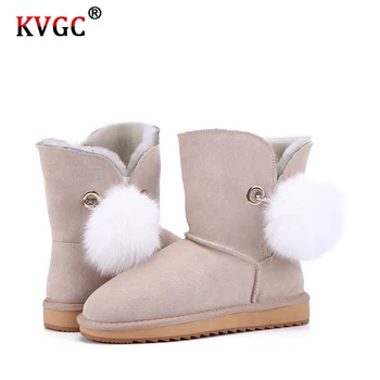 

KVGC 2020New high-quality fashion Pom-pom Brooch Women lovely Winter Boot Cowhide Leather lively Keep warm Wool Lined Snow Boots