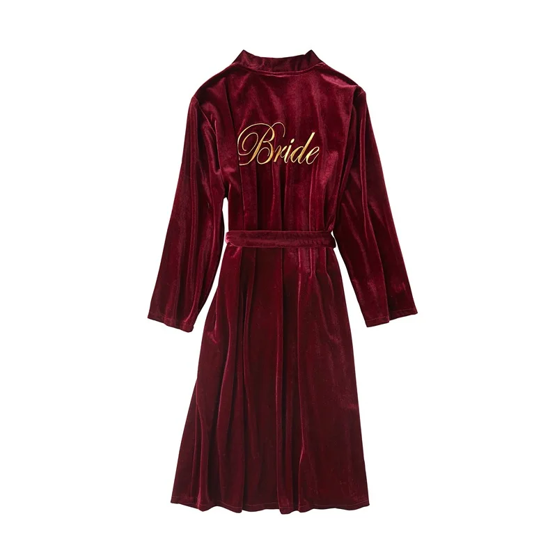 Winter Velvet Women Embroidery Bride Bridesmaid Kimono Bathrobe Dress Sexy Mini Sleep Nightshirt Sleepwear Wedding Robes