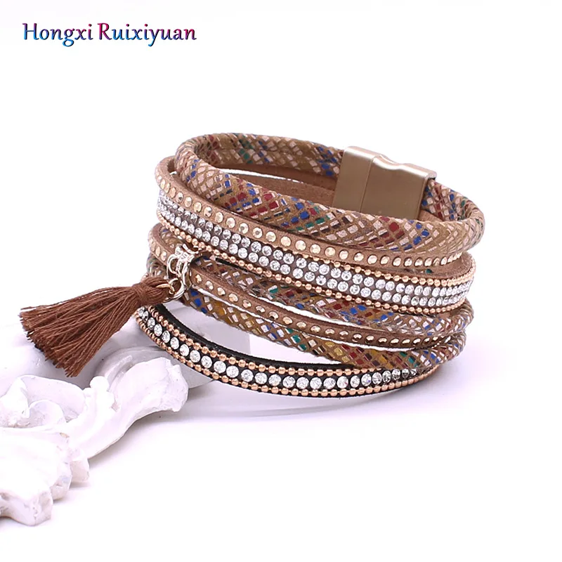 

Bracelet Jewelry Leather Rhinestone Multilayer Leather Cord Fringe Magnetic Buckle Bracelet Women Fashion Leather Bracelet Gift