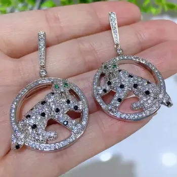 

Fashion Solid S925 Ear Pin Leopard Dangle Earring AAA Zircon Panther Animal Drop Earrings Women Wedding Jewelry