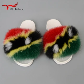

Women Real Fox Fur Slides Plush Flat Shoes Fur Flip Flops 2020 Brand Luxury Shoes White Sole Home Sandals Size 36-45