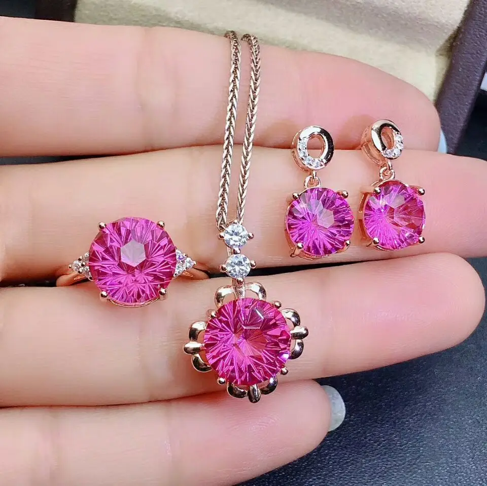 Rose gold set MeiBaPJ натуральный изумительный розовый топаз драгоценный камень цветок ювелирный набор 925 Чистое серебро 3 шт костюм свадебные ювелирные изделия для женщин - Цвет камня: Rose gold set