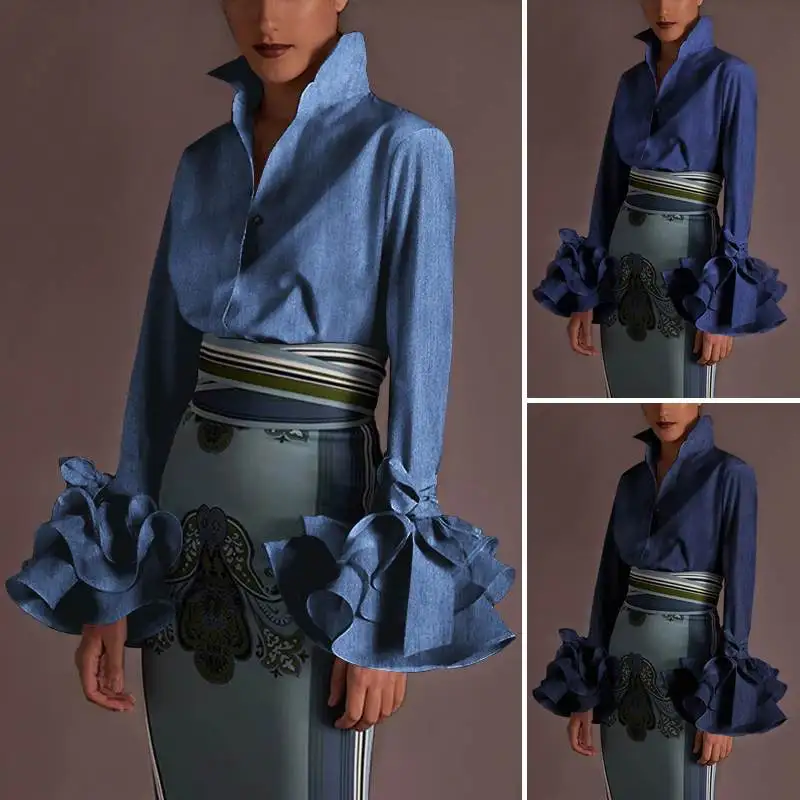 Womens Blouses Shirts Tops Pagoda-Sleeve Blusas Femininas-Tops Vintage Demin Fashion