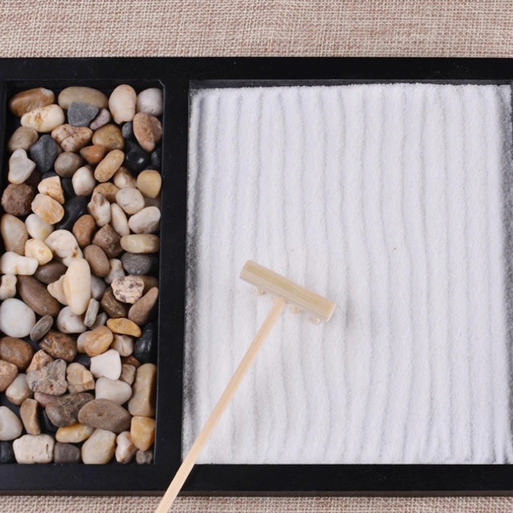 Zen Garden Sand Tray Stone Wooden Rake Sands Home Room Fengshui Ornament