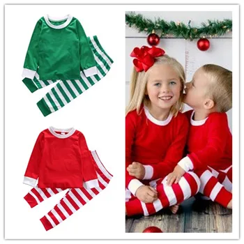

Christmas Red Green Striped Long Sleeve Nightwear Winter Baby Kids Boy Girl Pajamas Set Sleepwear Causal Outfit