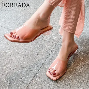 

FOREADA Woman Slippers Transparent Med Heels Crystal Strange Style Heel Sandals Square Toe Slides Fashion Ladies Shoes Pink 43