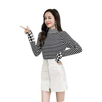 

Autumn New Striped Pattern Women Thin Sweater Fashion Slim Turtleneck Long-sleeved Knit Pullover