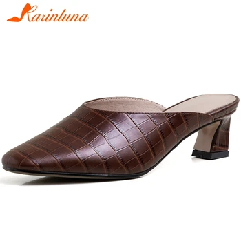 

Karinluna Fashion New Hot Genuine Cow Leather Hoof Heels Summer Pumps Woman Shoes Slip On Spring Elegant Shoes Women Pumps