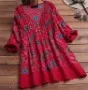 Большие размеры Летняя мода Boho Хлопок Лен с рисунком блуза, Топ Свободный Топ Женская рубашка с длинными рукавами Blusas Femininas пуловер - Цвет: Красный