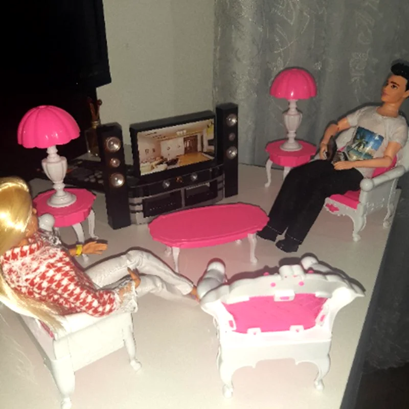 Princess Fashion Furniture Living Room TV Chair Sofa Home Theater Cabinet Accessories Pretend Play Game For Barbie Doll Kids Toy 2