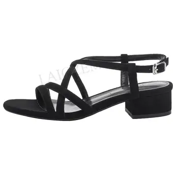 

LAIGZEM 2020 Straps Women Sandals Low Heel Suede Sandalia Pumps Summer Basic Scarpe Donna Ladies Shoes Woman Size 33 39 43