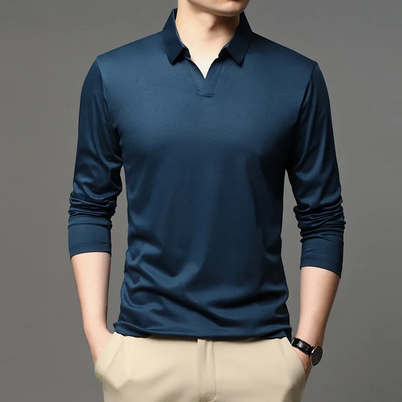 Mercerized Cotton Polo Shirt Men Long Sleeve Comfortable Brand Poloshirt Casual Wear Autumn Solid Color Hombre Loose Black | Мужская