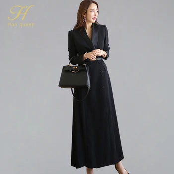 

H Han Queen Autumn Solid Color Notched Neck Long Suits Trench Women 2019 Elegant Double-breasted A-line Trenches Belt OL Clothes
