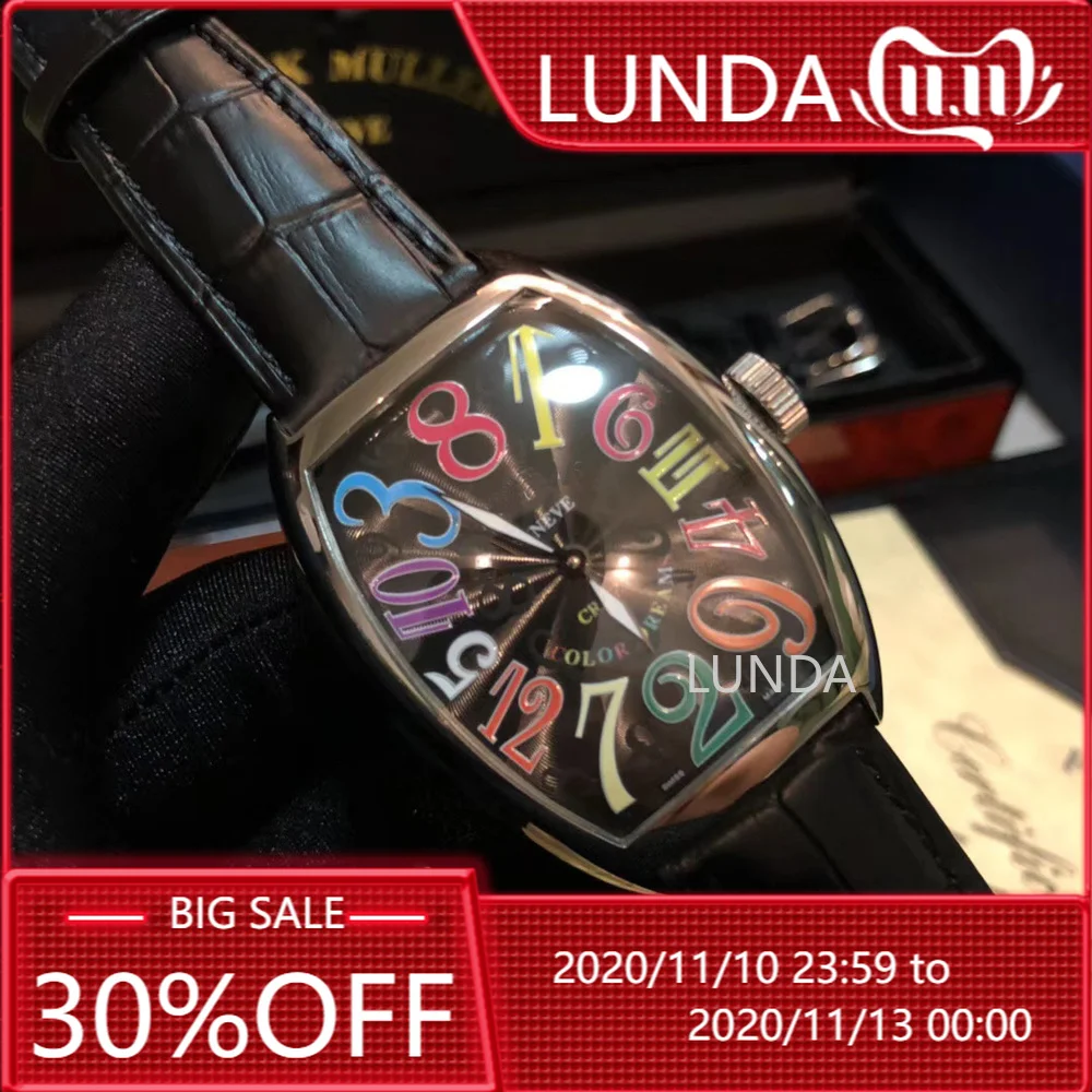 Classic New Black Leather Men Sapphire Automatic Mechanical No Date Crazy Hours Sport White Dial Arab Number Rainbow Watch afbeelding