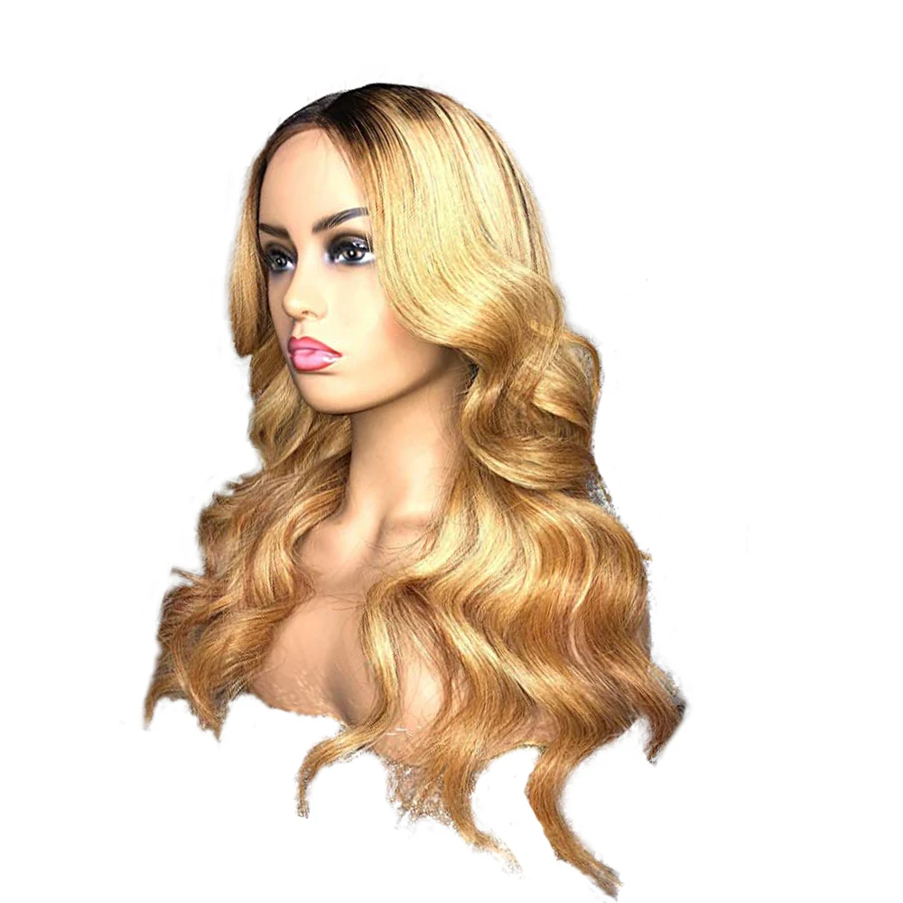 

Eversilky Long Honey Blonde Brazilian Remy Body Wave Ombre1B/27 13x4 Lace Front Human Hair Wig With Black Dark Roots Pre Plucked