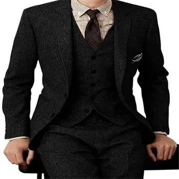 

New Latest Coat Pant Designs Mens Suits Tweed Herringbone Groom Wedding Suits For Men Tuxedo Suits Grey/Brown Suit men 2020