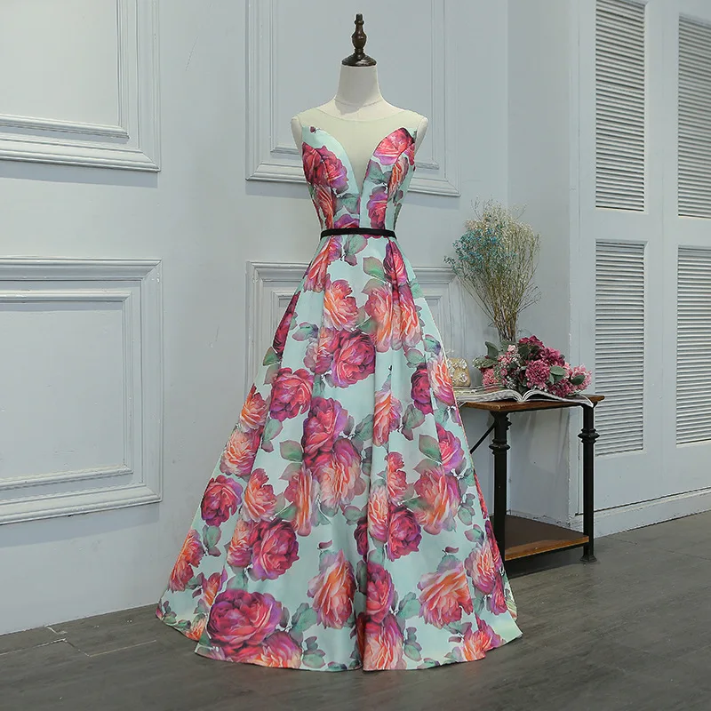 

Sweet Customized Flower Print A Line Prom Dresses V Neck Illusion Floor To Length Sleeveless Long Backless Gown for Women Party