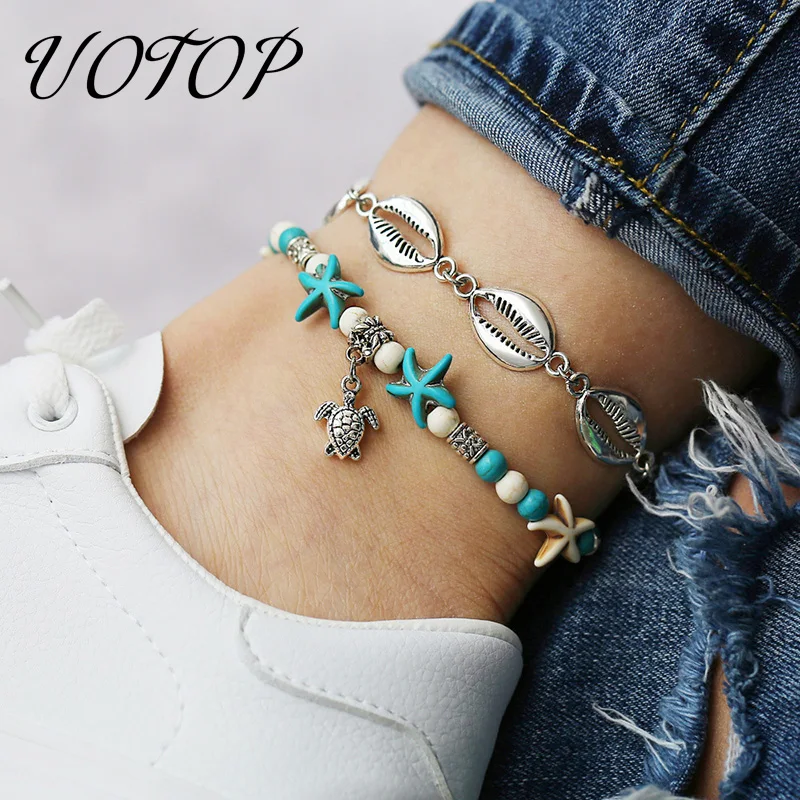 

2019 New Summer Boho Silver Color Sea Shell Ankle Bracelet Female Adjustable Starfish Turtle Leg Foot Beach Anklet Feet Jewelry