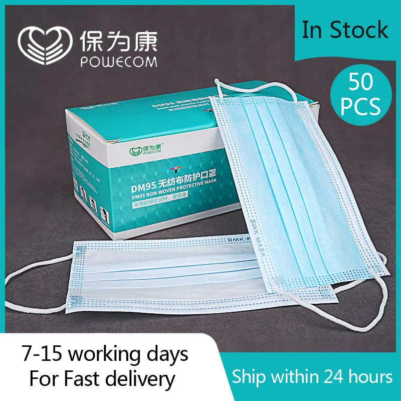 POWECOM 50pcs 3-layer Face masks Protective Mask Mouth Non Woven Disposable Anti-Dust Meltblown cloth Earloops Masks