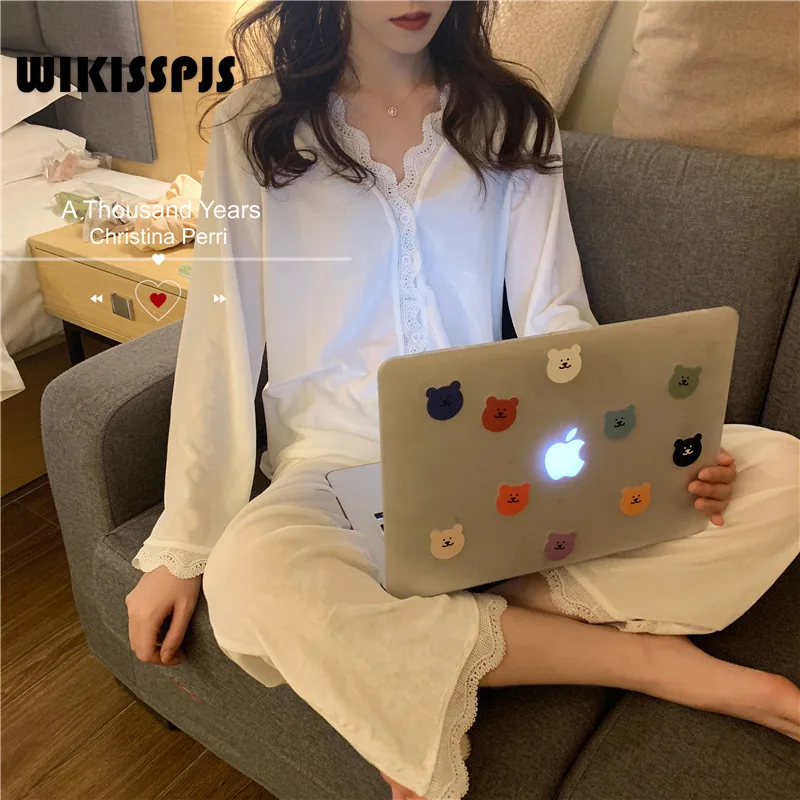 

WIKISSPJS 2022 Autumn New Retro Sexy Lace Women's Long Sleeve Suit Home Clothes Pajama Set Sleep Tops Loungewear Bedroom Set