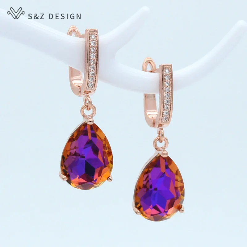 S&Z DESIGN New Fashion Luxury Water Drop Crystal 585 Rose Gold Color Dangle Earrings For Women Wedding Engagement Jewelry