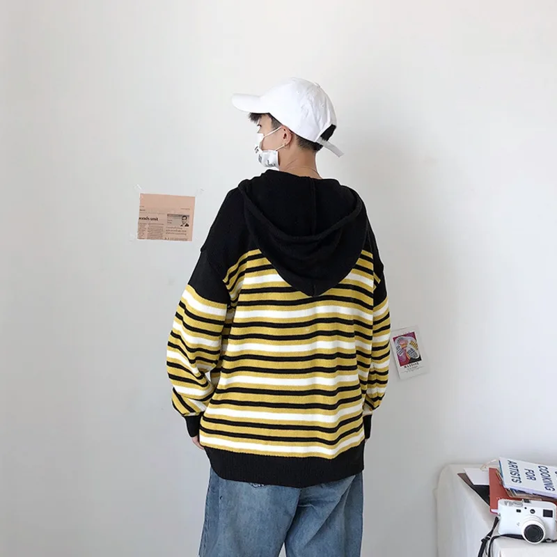 Winter Hooded Sweater Men Warm Fashion Contrast Color Casual Knit Sweaters Man Pullover Men Long Sleeve Striped Sweter Clothes