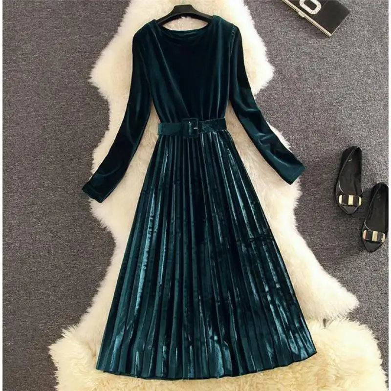 Новинка, женское элегантное офисное платье, Осень-зима, тонкое бархатное платье с поясом, Vestidos, женское плиссированное платье миди с длинным рукавом - Color: 2