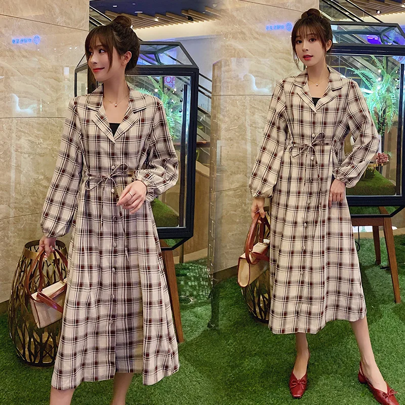 

2019 Autumn Clothing Large Size Dress Platycodon Grandiflorum Skirt Large GIRL'S New Style Elegant Retro Pregnant Women Plaid Dr