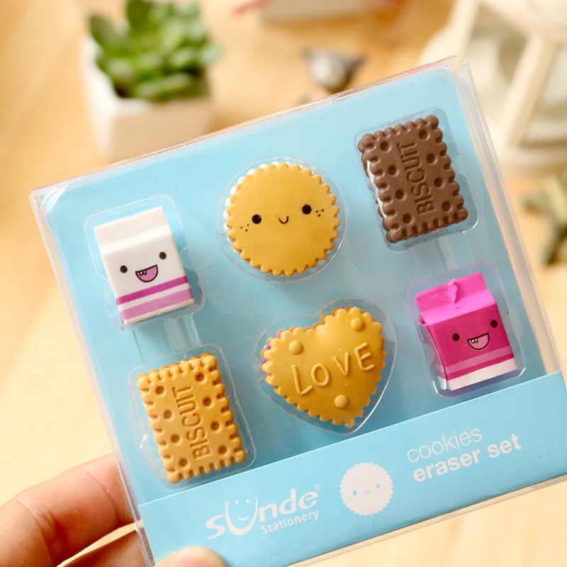 

6pcs Cute Cartoon Milk&Cookies Mini Rubber Eraser Set For Pencil Child Kids Gift Office School Student Stationery Supply H6389