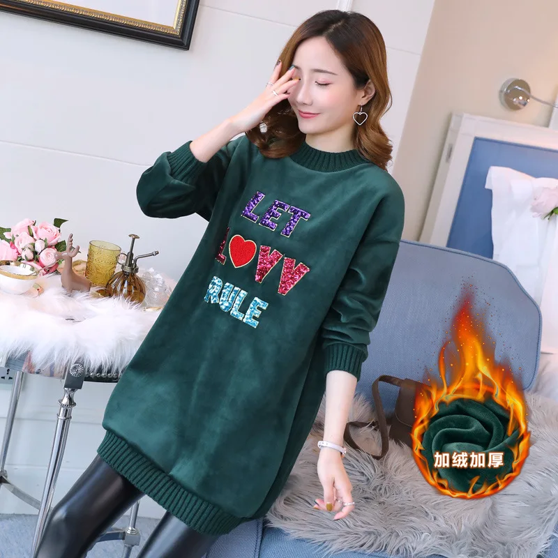 

2019 Winter Maternity Clothes New Style Korean-style Hoodie Golden Fleece Loose-Fit plus Velvet Mid-length Dress